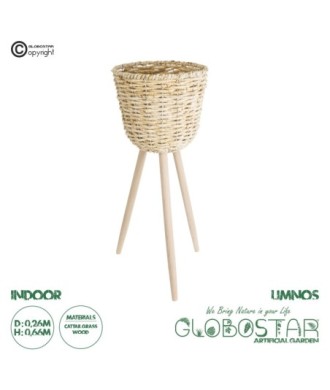 GloboStar® Artificial Garden LIMNOS 20582 Διακοσμητικό Πλεκτό Κασπώ Γλάστρα - Flower Pot Μπεζ με Μπεζ Ξύλο Φ26 x Υ66cm